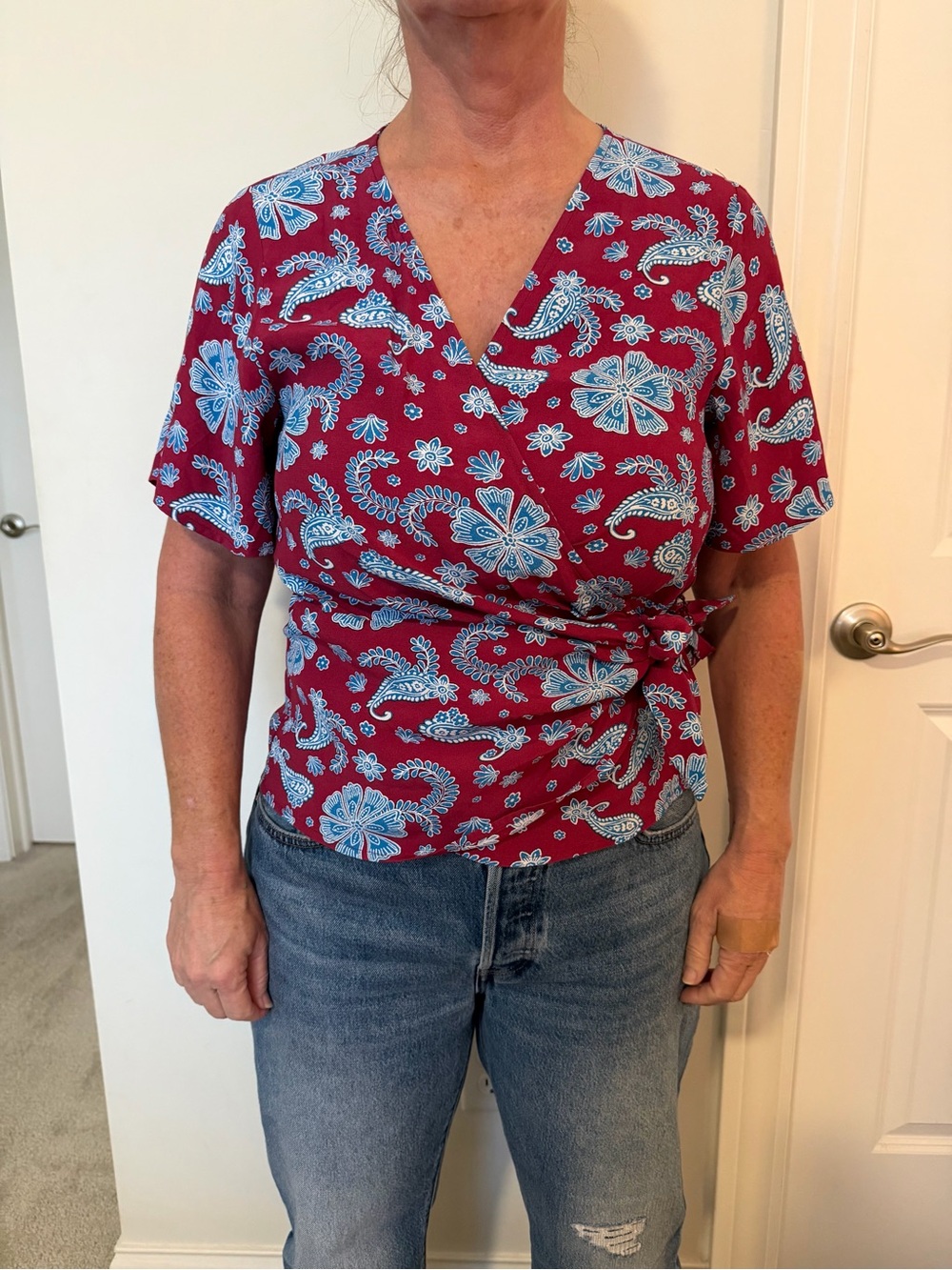 LOFT Burgundy Wrap Blouse with Light Blue Paisley